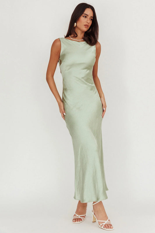 Carmine Satin Sleeveless Maxi Dress Sage