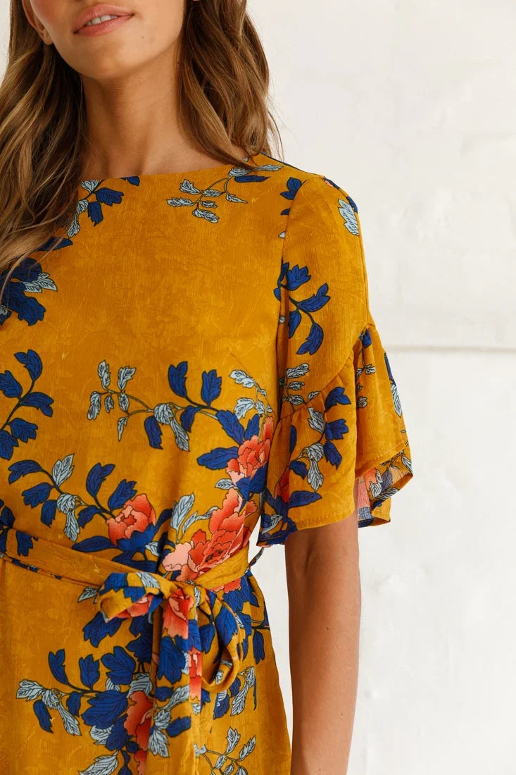 Azealia Floral Wrap Dress Mustard