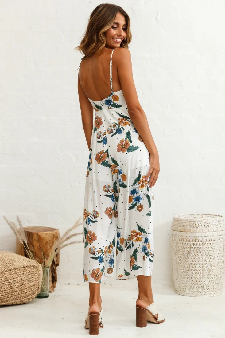 Call Me Wide-Leg Tied Bust Jumpsuit Floral Print White