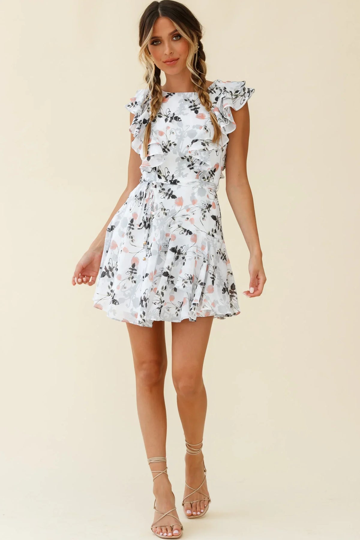 Wilton Ruffle Shoulder A-Line Dress Floral Print White