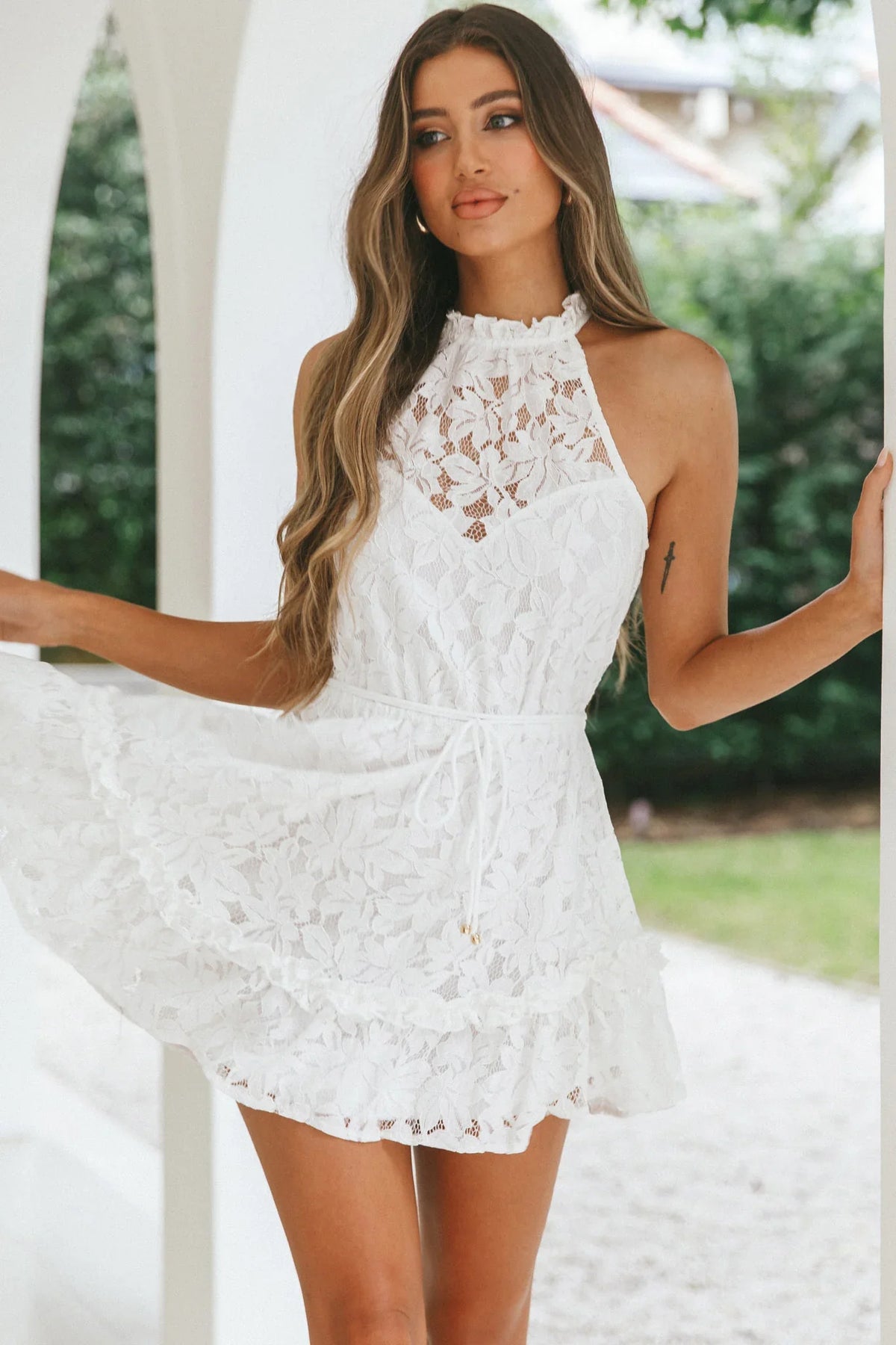 Ever After Halterneck Elasticated Waist Lace Mini Dress White