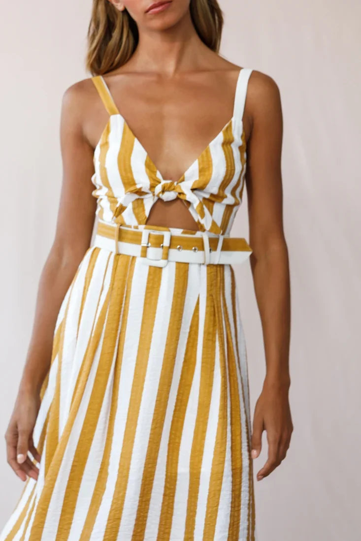 Crystal Tied Knot Belt Midi Dress Mustard
