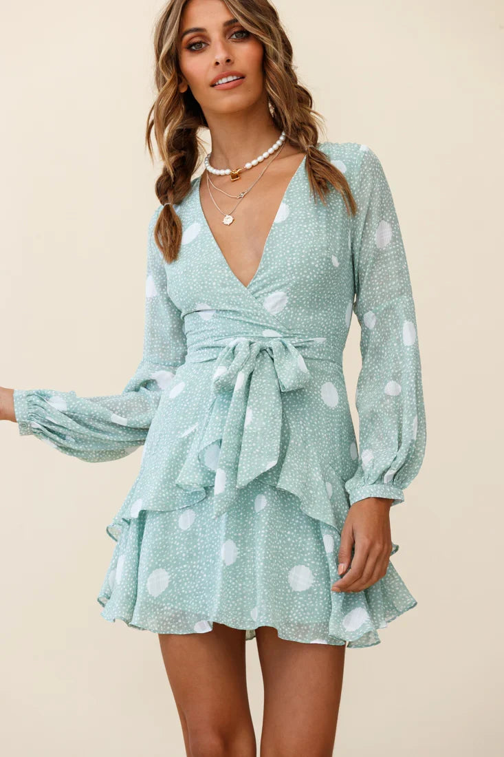 Kerry Layered Balloon Sleeve Dress Spot Print Green