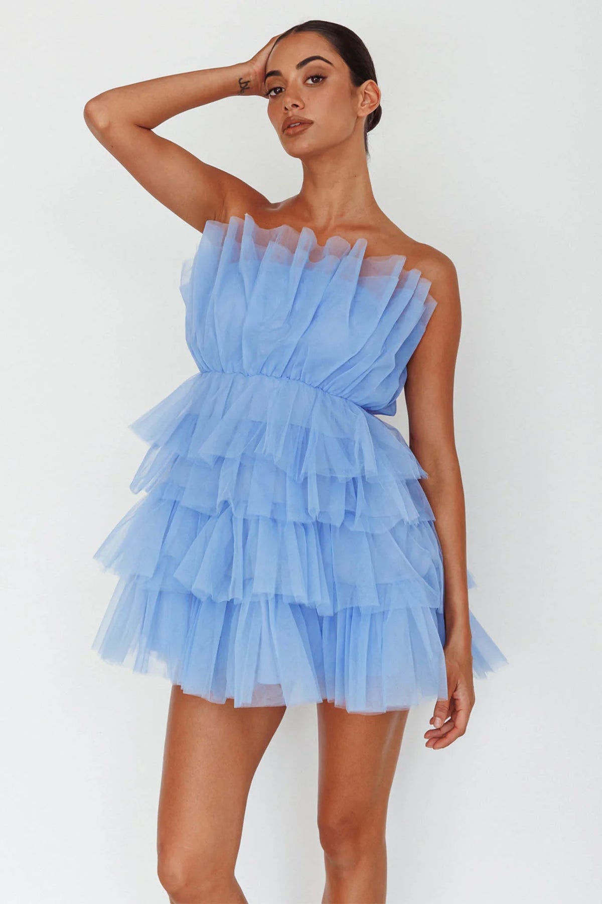 Bon Bon Tiered Mesh Mini Dress Steel Blue