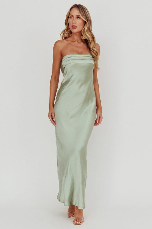 Kona Strapless Pleated Bust Satin Maxi Dress Sage