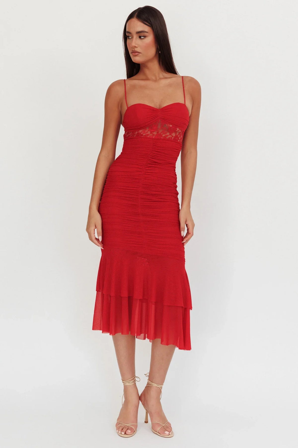 Cherubim Lace Insert Ruched Midi Dress Red