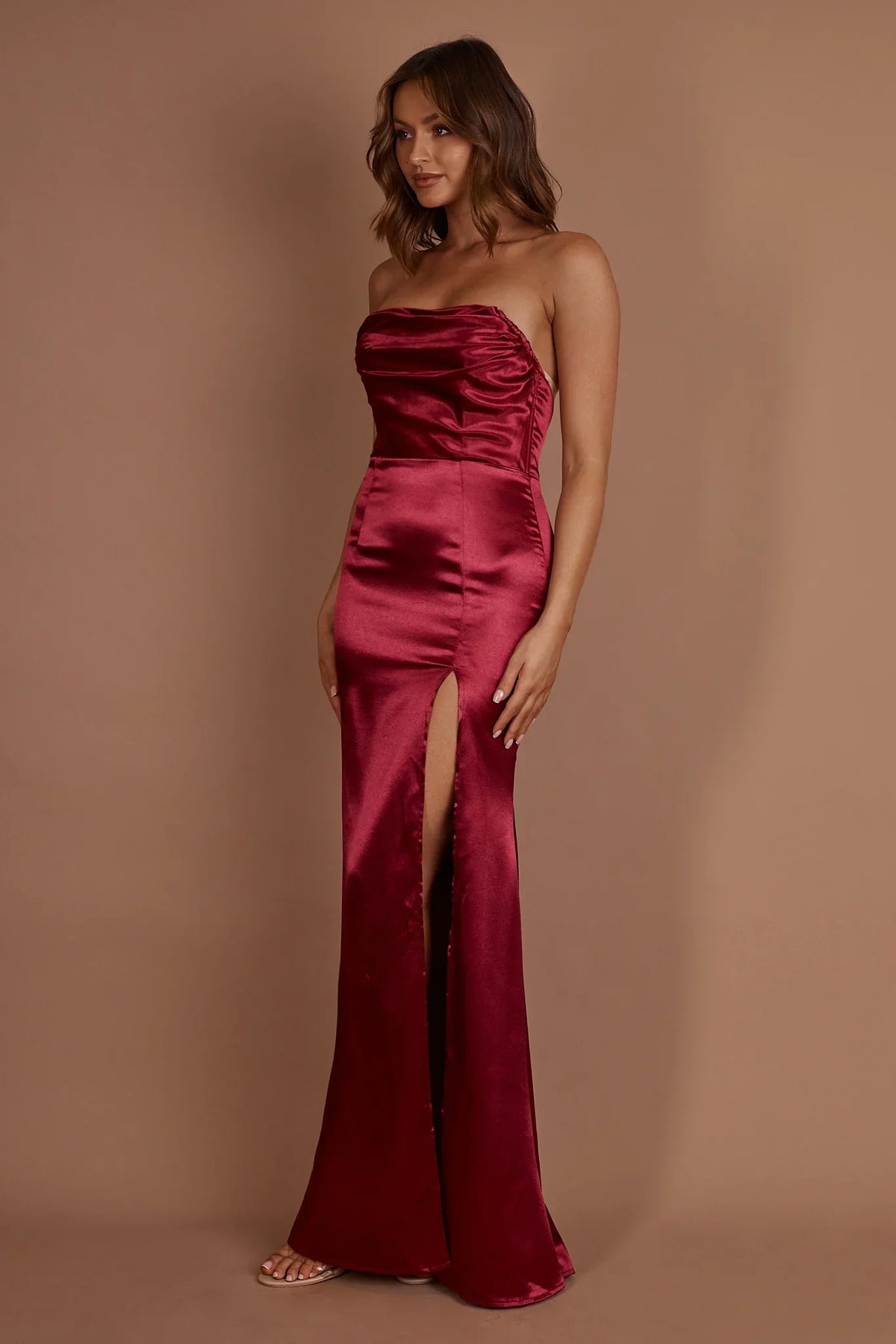 Kalisa Strapless Thigh Split Maxi Dress Burgundy