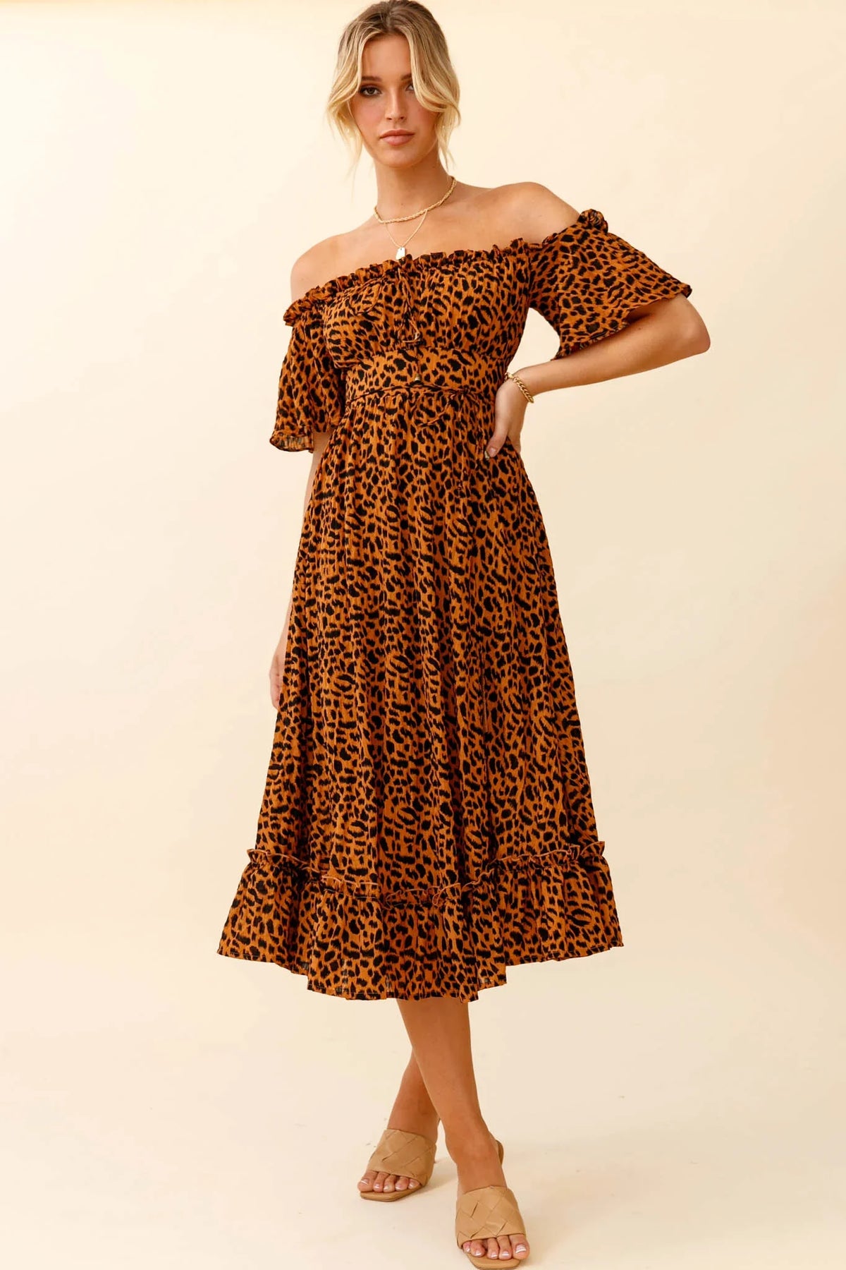 Voyager Off-Shoulder Bell Sleeve Midi Dress Leopard Print Brown