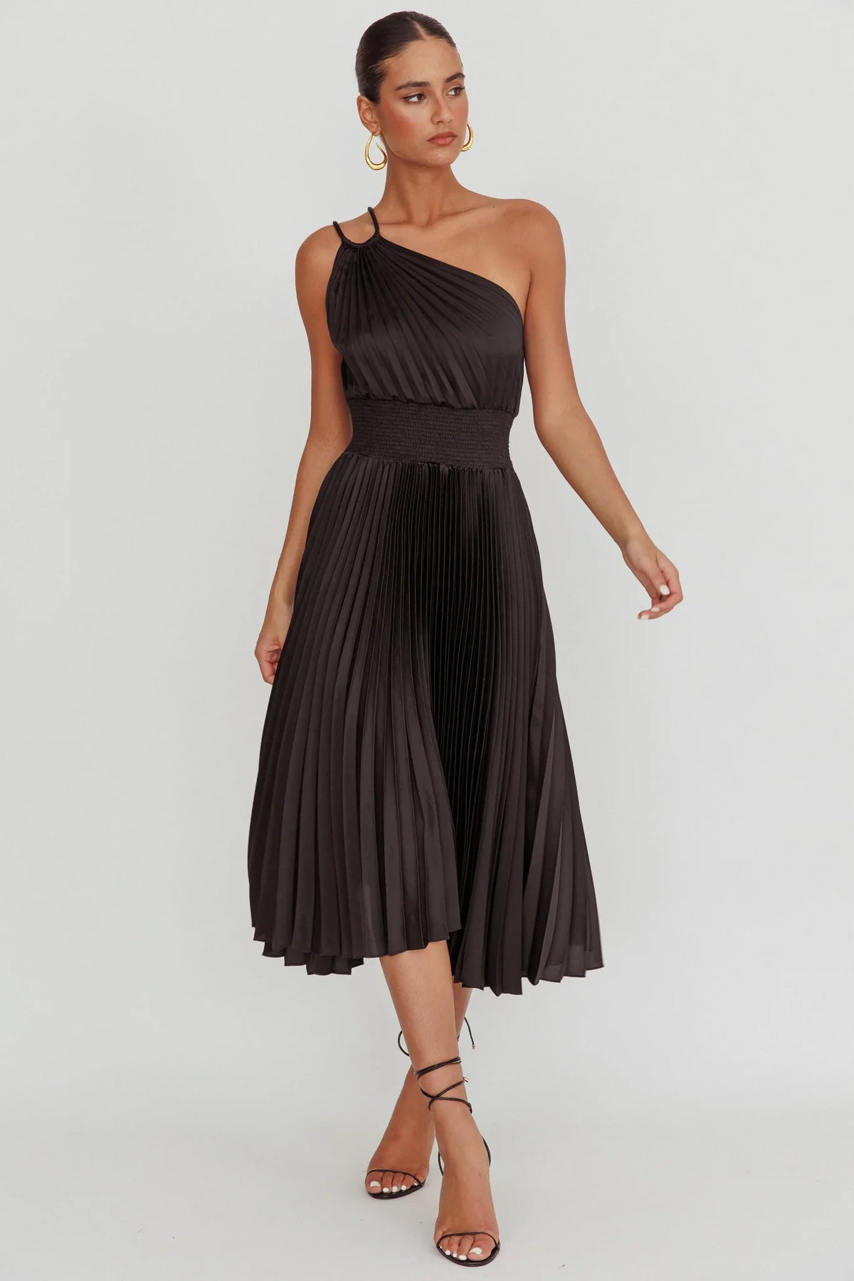 Calissa One Shoulder Pleated Midi Dress Black