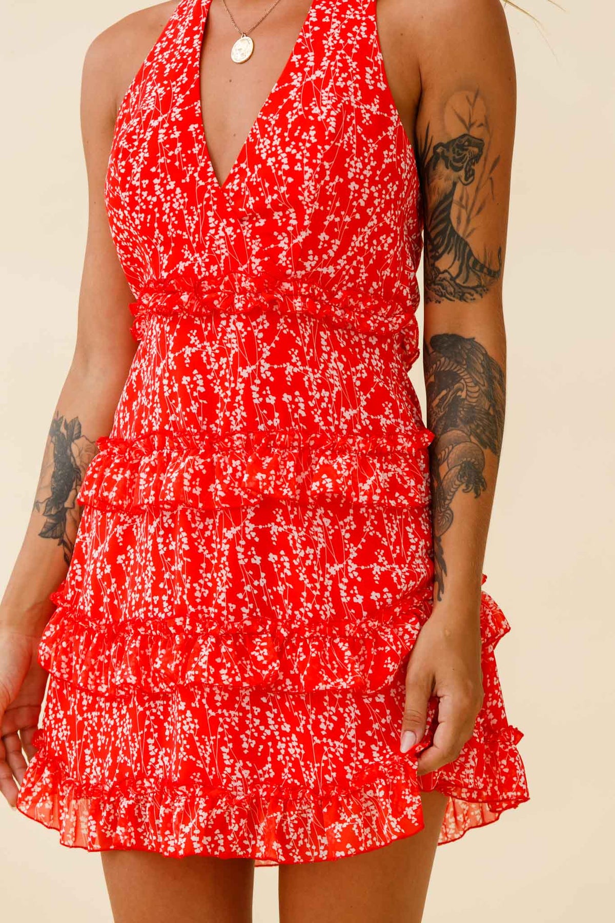 Venezuela Ruffle Trim Tie-Back Halterneck Dress Floral Print Red/White