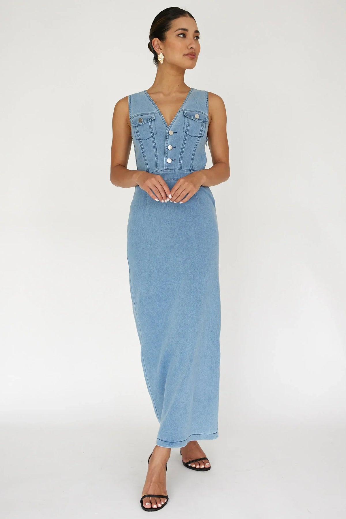 Jazelle Sleeveless Button Front Maxi Dress Denim