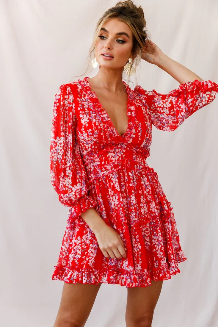 Laney Cutout Back Ruffle Detail Floral Dress Red