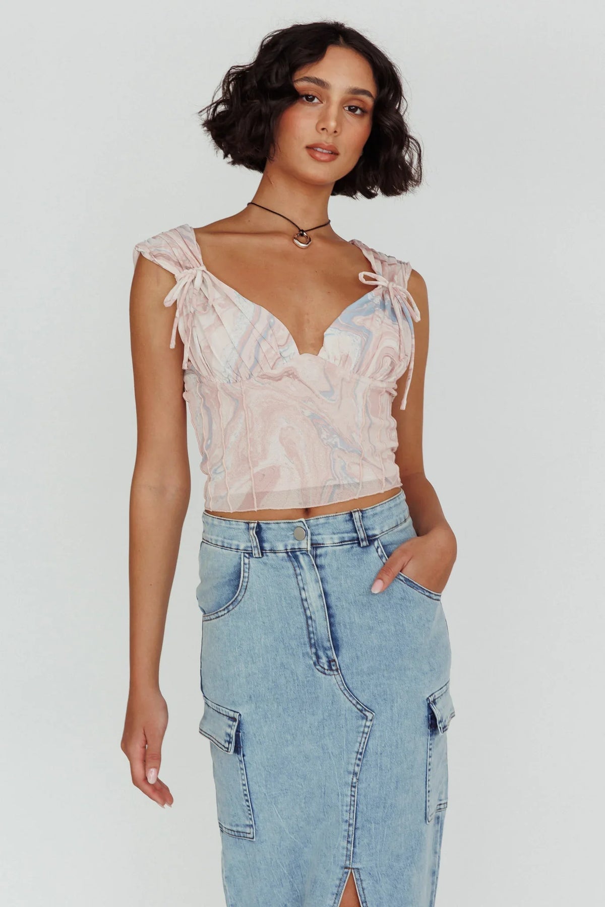 Fairfax Shoulder Tie Crop Top Pink Multi