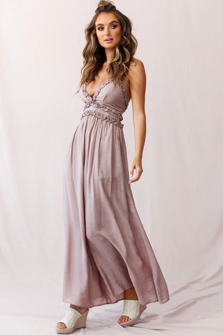 Laney Wide Leg Ruffle Detail Jumpsuit Mocha