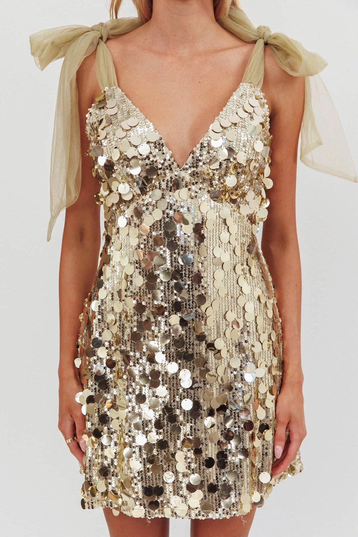 Mykonos Morning Tied Shoulder Sequin Mini Dress Gold