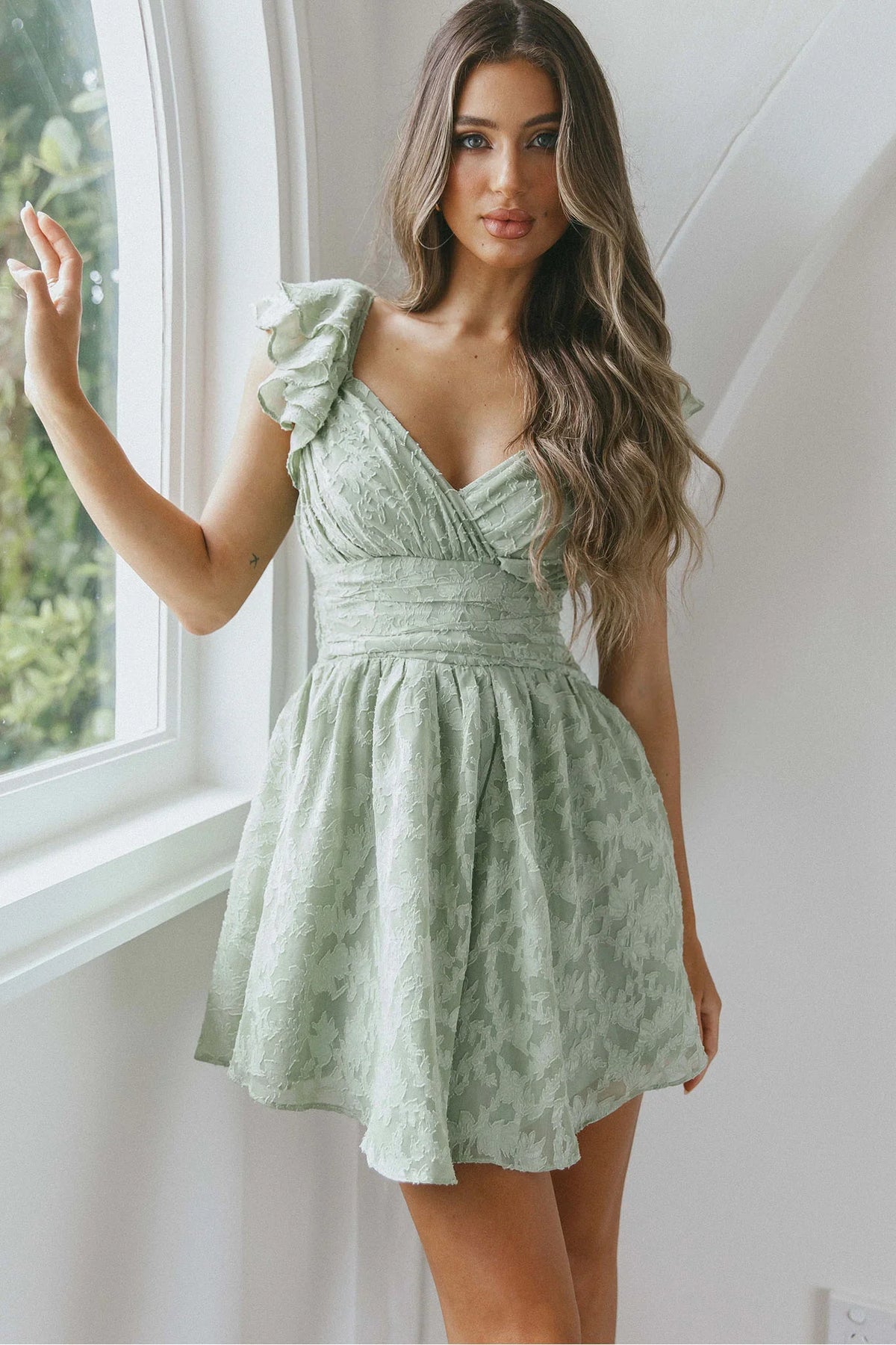 Lola Ruffle Shoulder Ruched Dress Textured Avocado