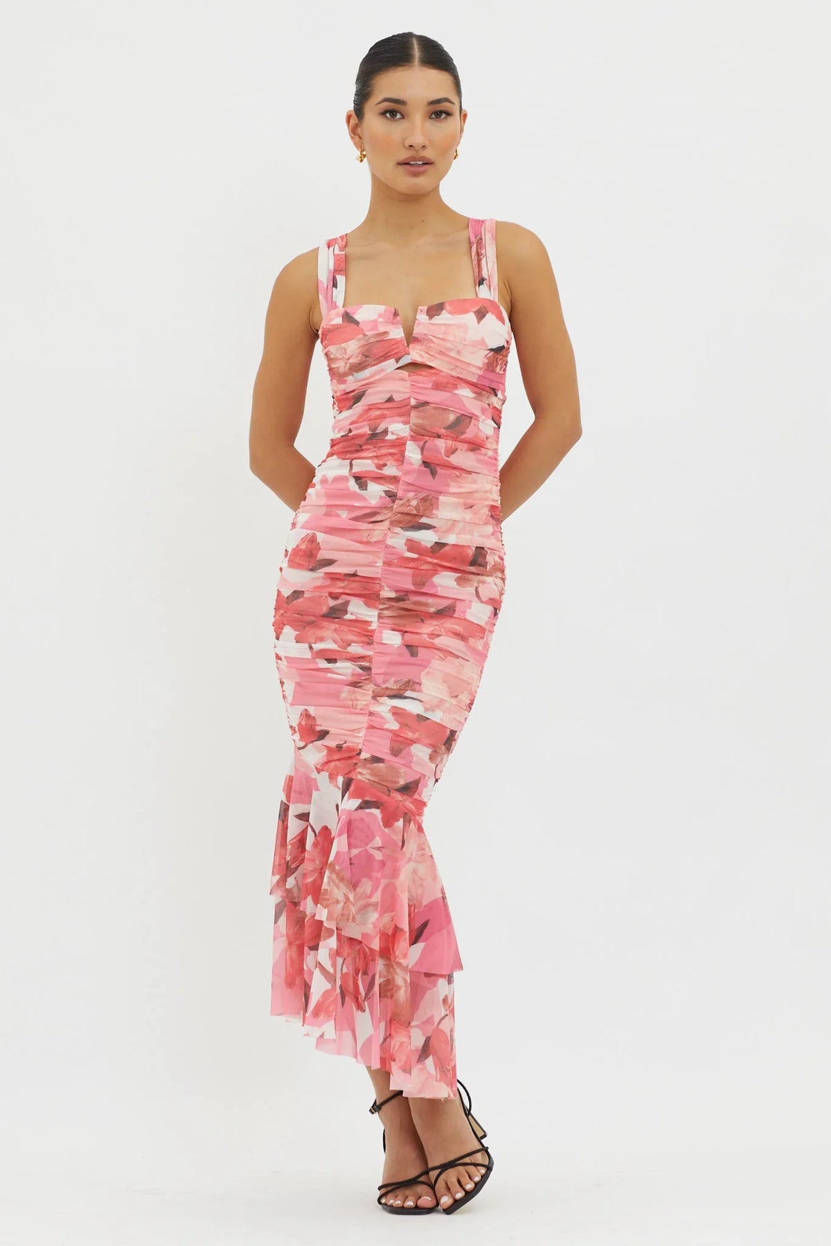 Nadia Ruched Fishtail Midi Dress Floral Pink