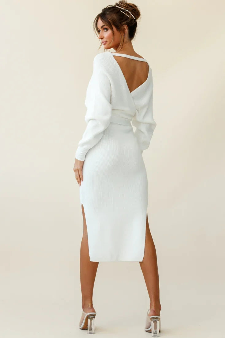 Cameo Batwing Knit Midi Dress Ivory