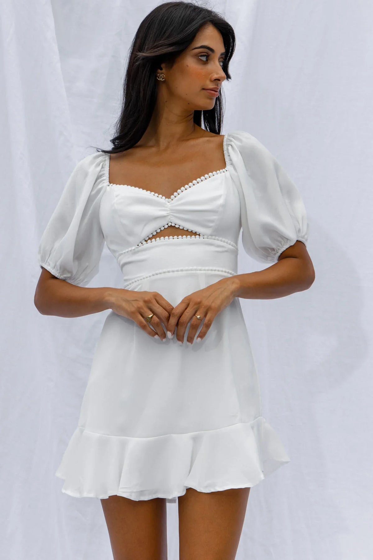 Catch Feelings Sweetheart Neckline Puff Sleeve Dot Trim Dress White
