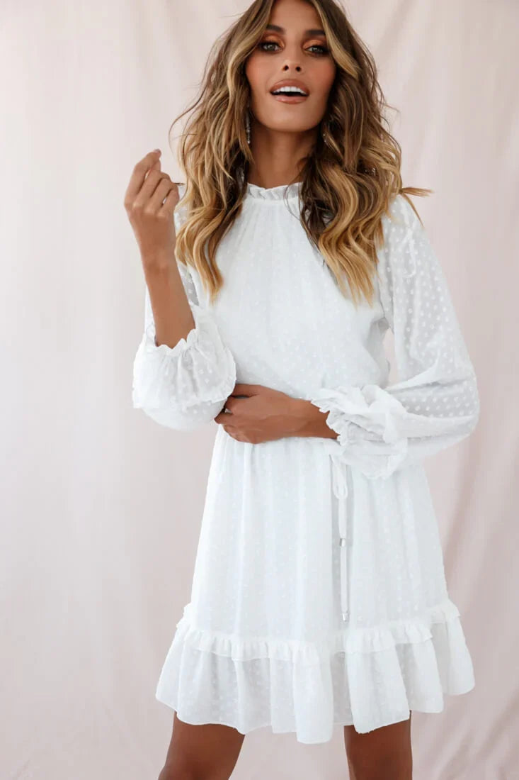 Tracee Open Back Ruffled Hemline Dress White Tall