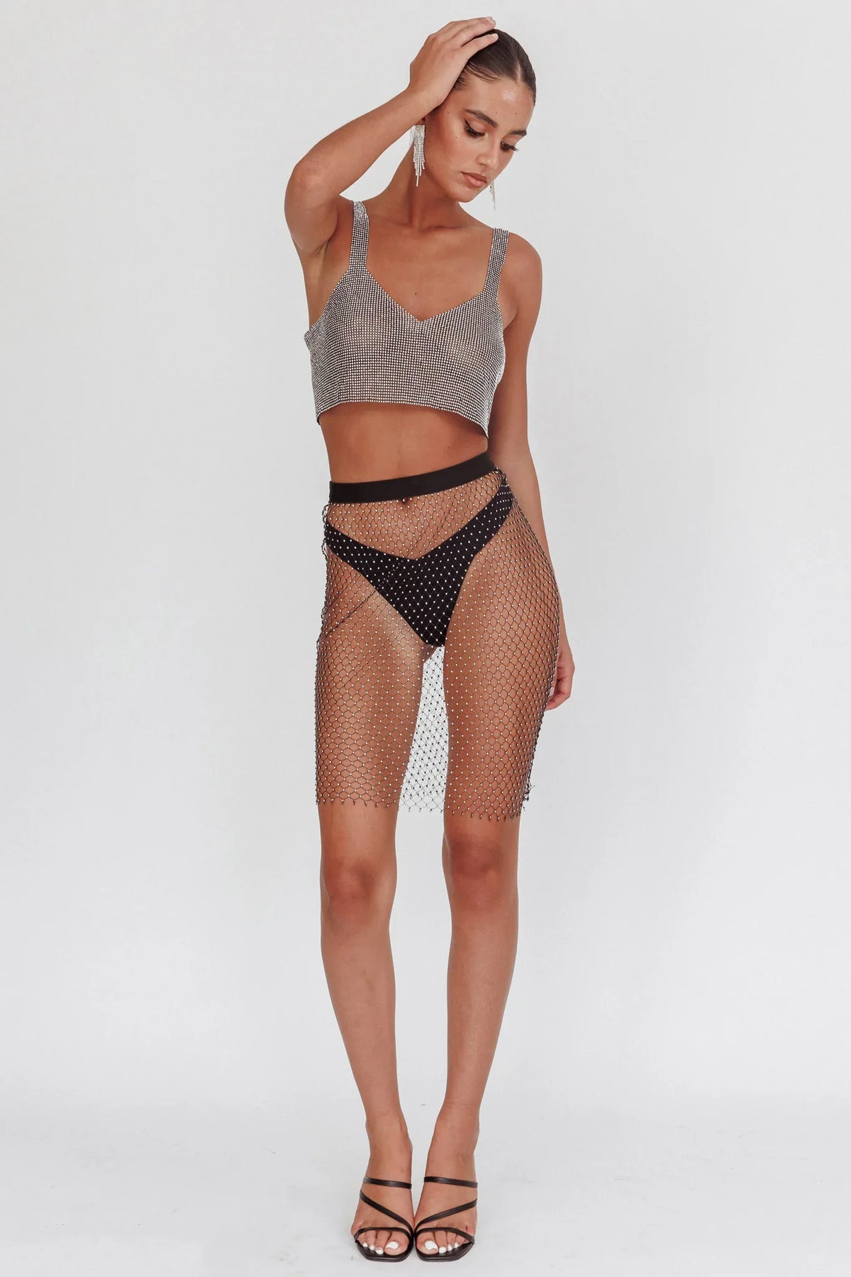 Star Rise Diamante Fishnet Skirt Black