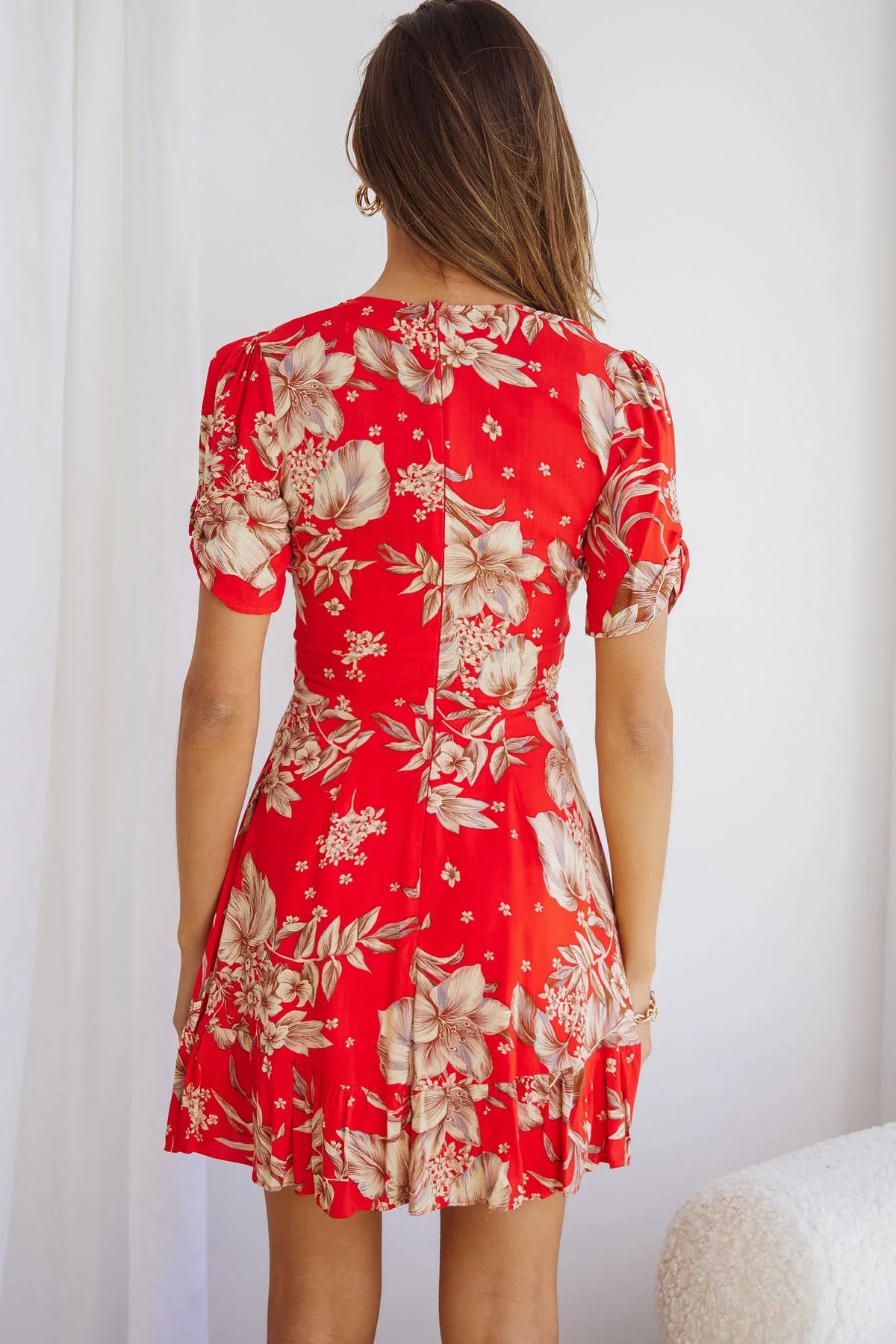 Georgina Ruched Sleeve Tea Dress Floral Bouquet Red