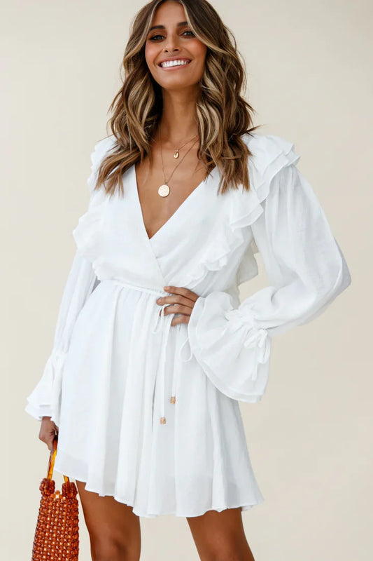 Adina Fluted Long Sleeve Frill Detail Dress White