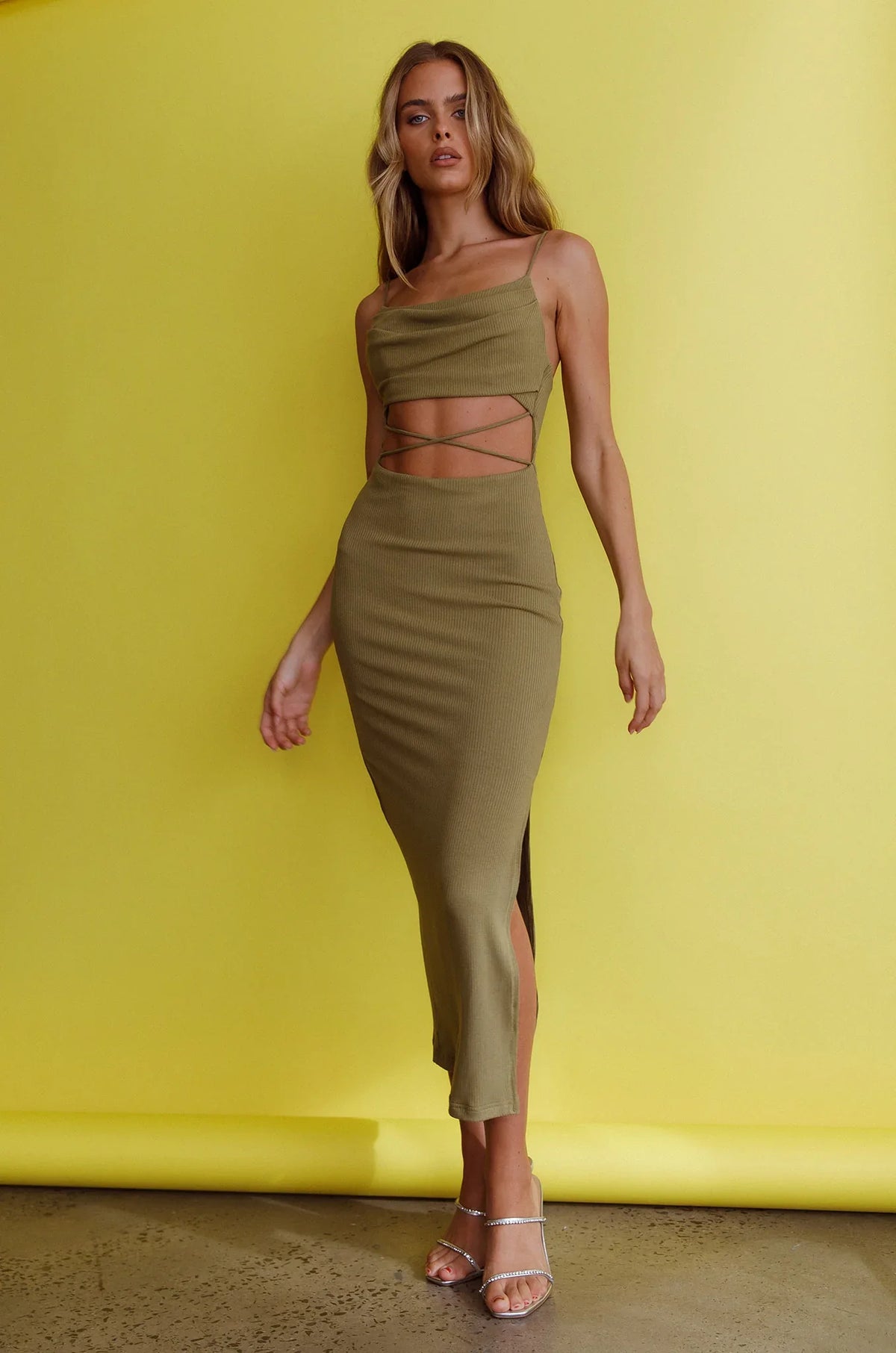 Crazy In Love Cowl Neck Cut-Out Waist Midi Dress Olive