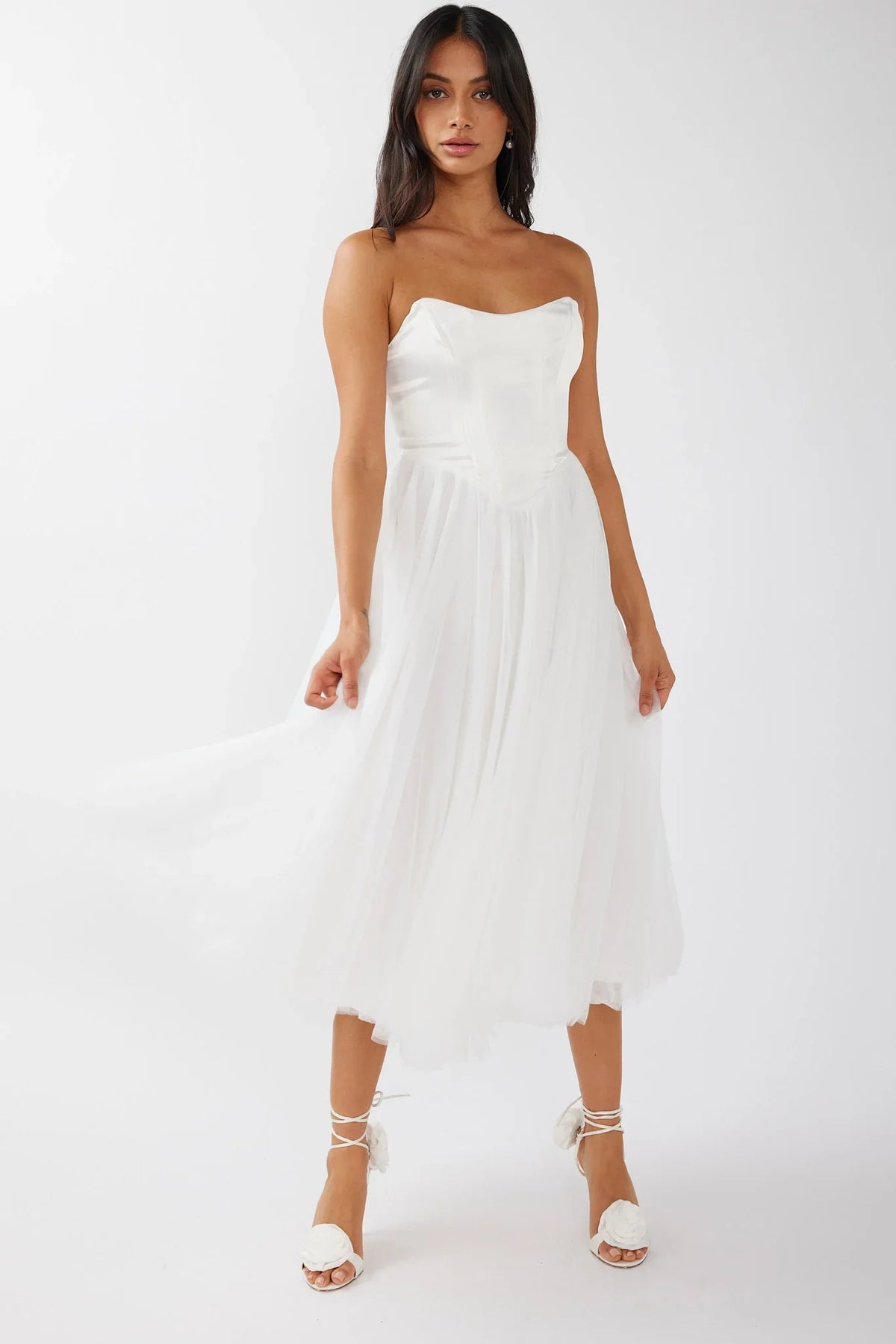 Rosemary Tulle Bustier Midi Dress White