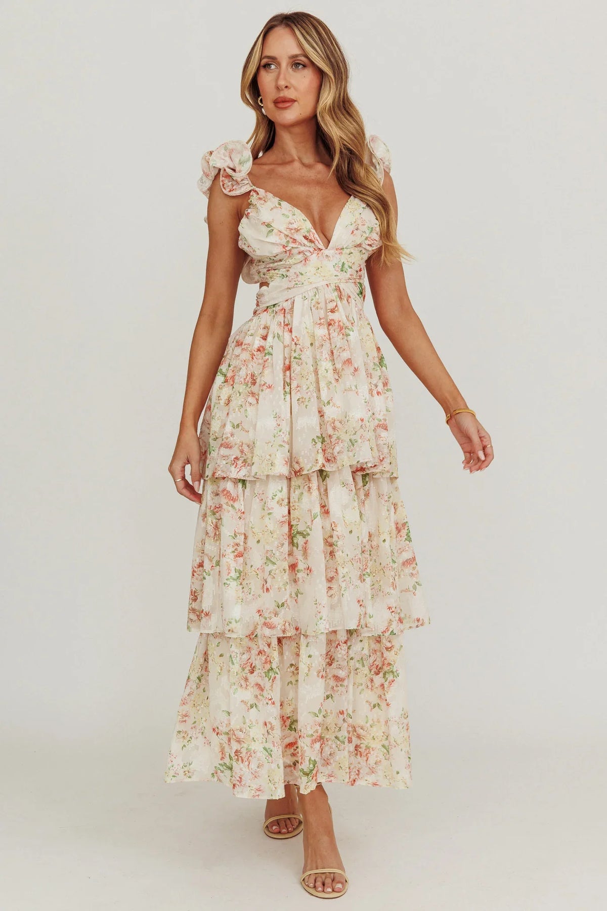 Roselle Backless Ruffle Maxi Dress Floral Multi