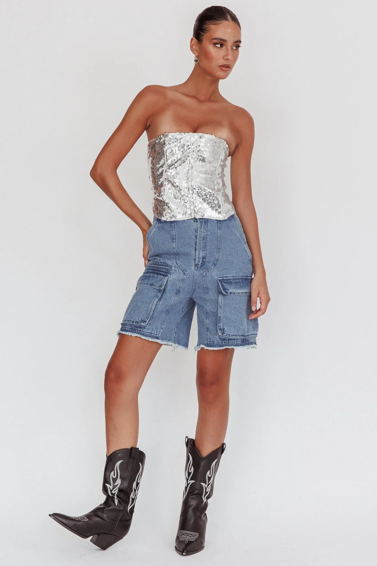 Belgium Strapless Lace-Up Back Top Sequin Silver
