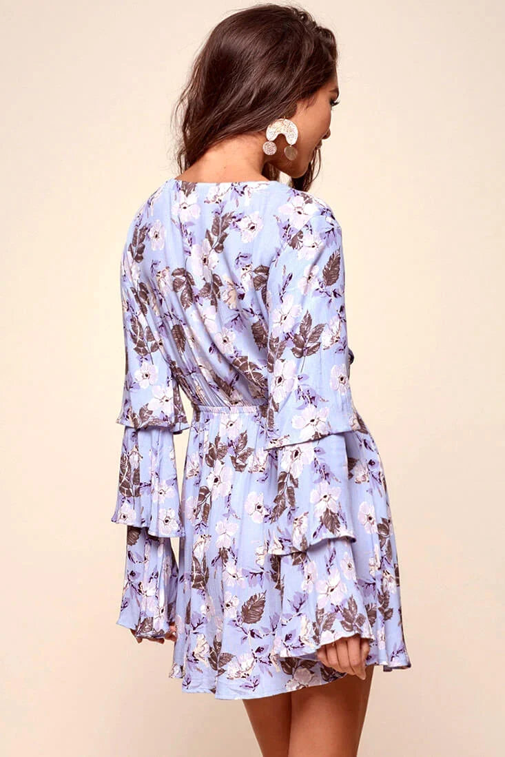 Marisol Deep V Tiered Bell Sleeve Dress Blue