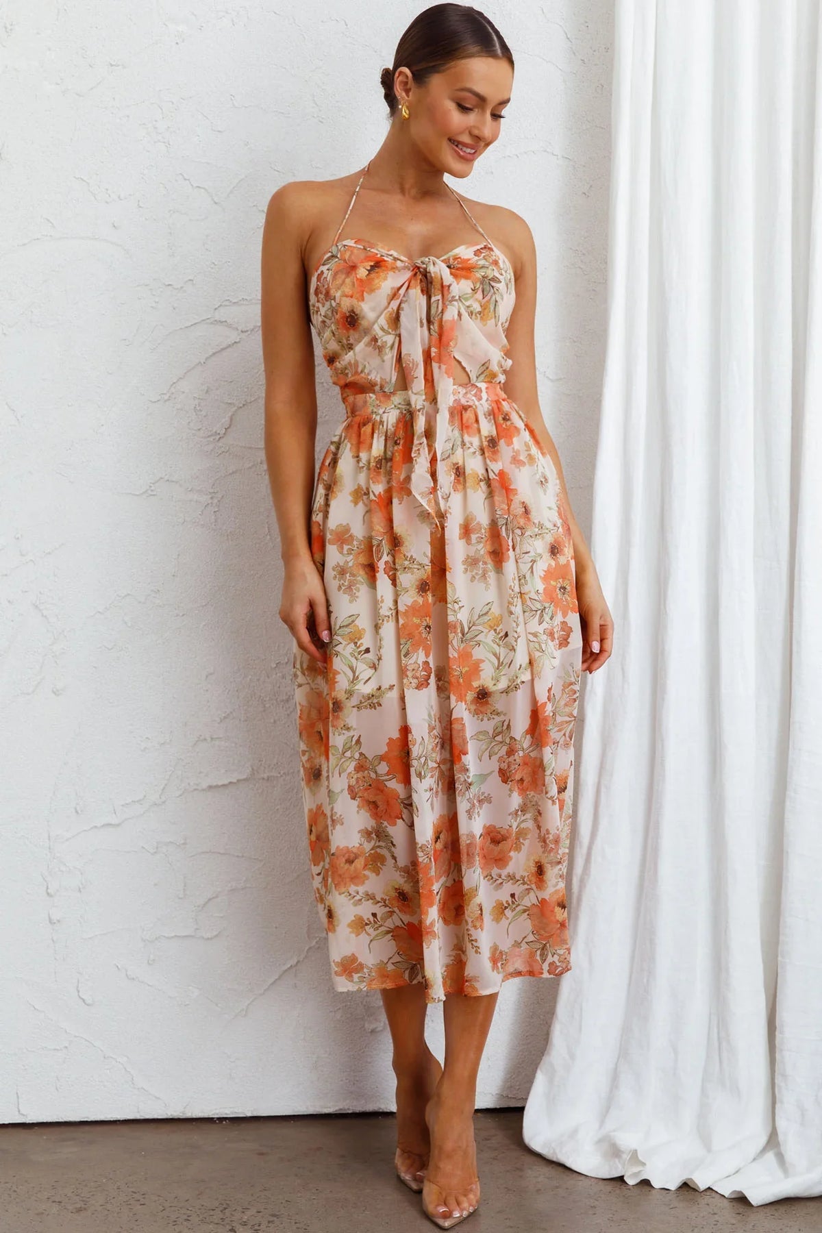 Los Feliz Tied Bust Halterneck Midi Dress Floral Beige