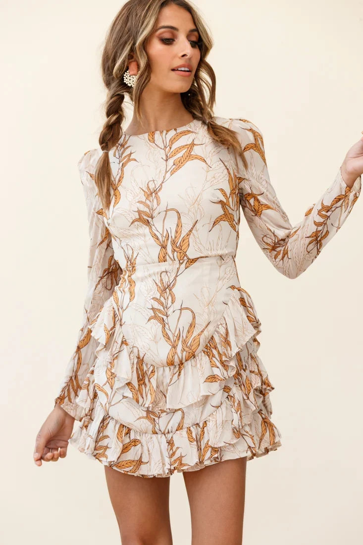 Liz Long Sleeve Double Ruffle Dress Leaf Print Beige