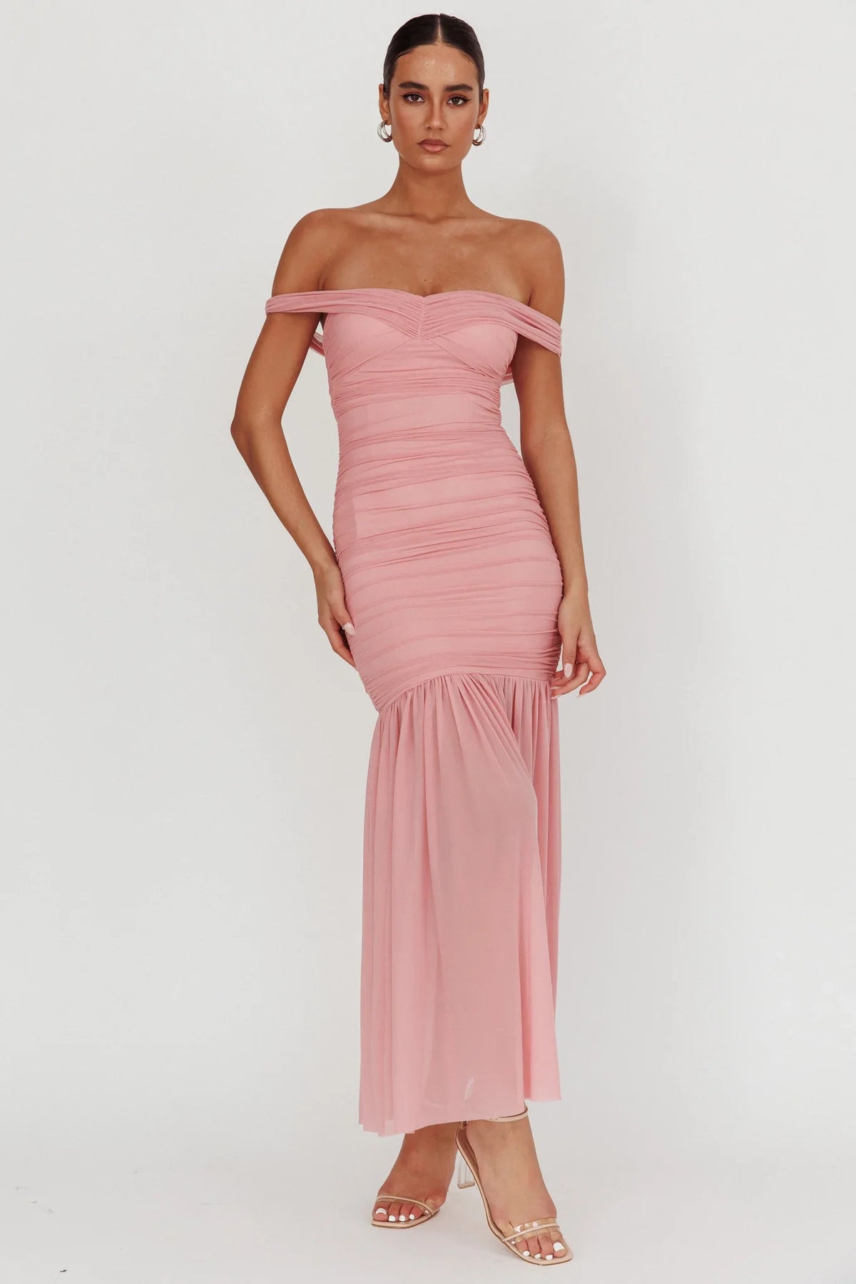 La Salle Off Shoulder Mesh Maxi Dress Pink