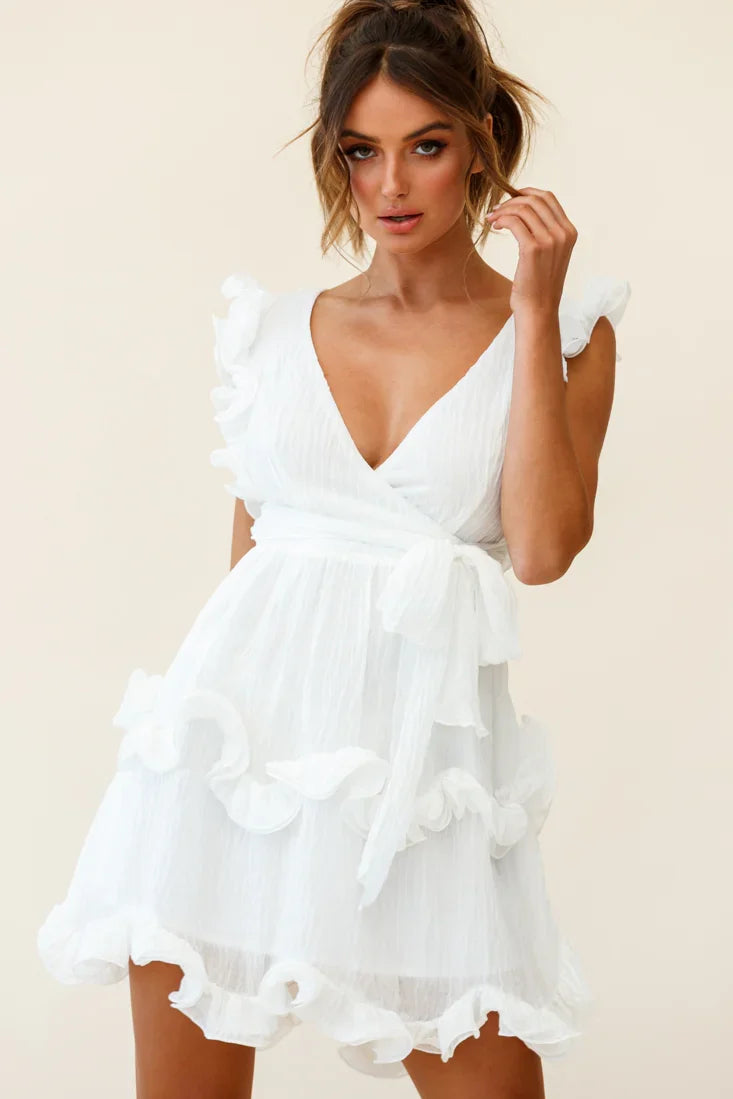 Greta Sleeveless Tiered Ruffle Chiffon Dress White
