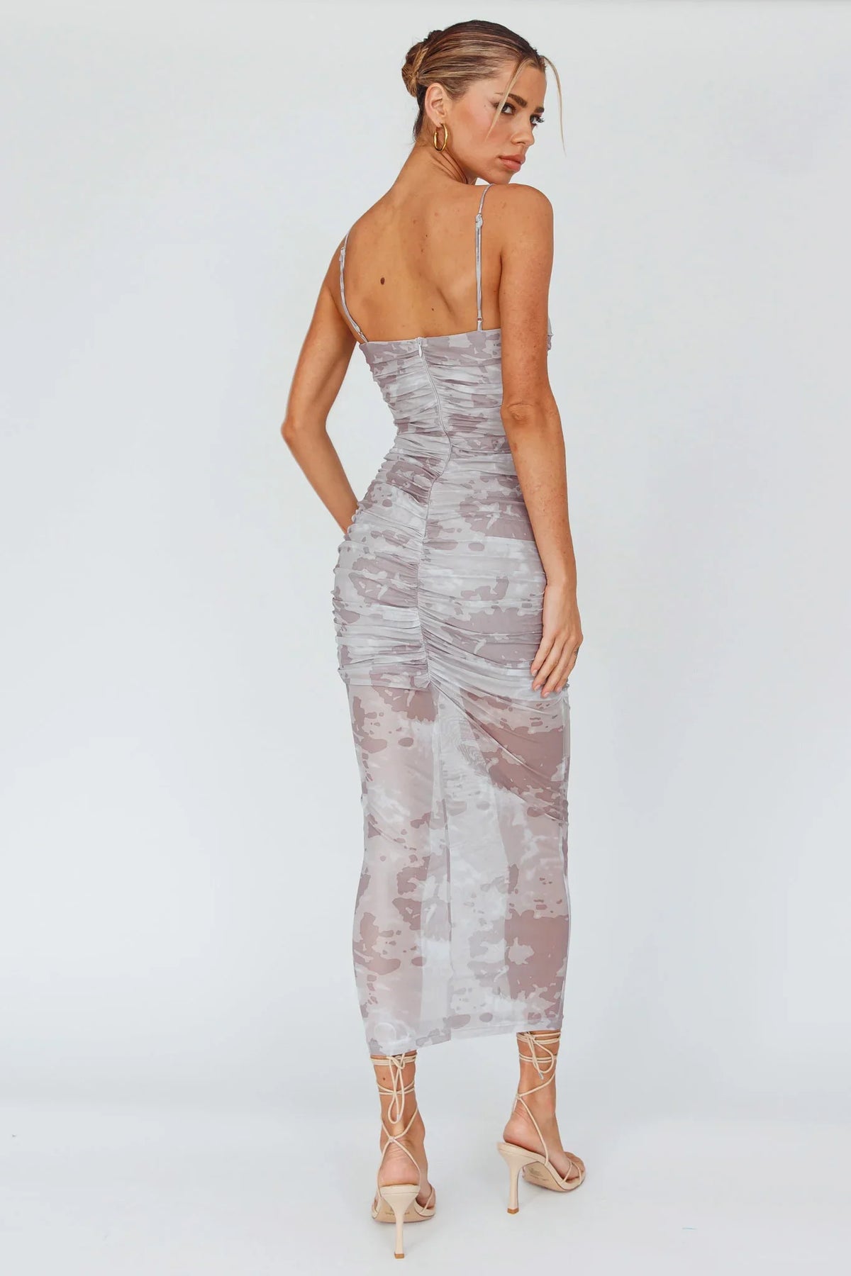 Logan Strapless Ruched Midi Dress Print Sand