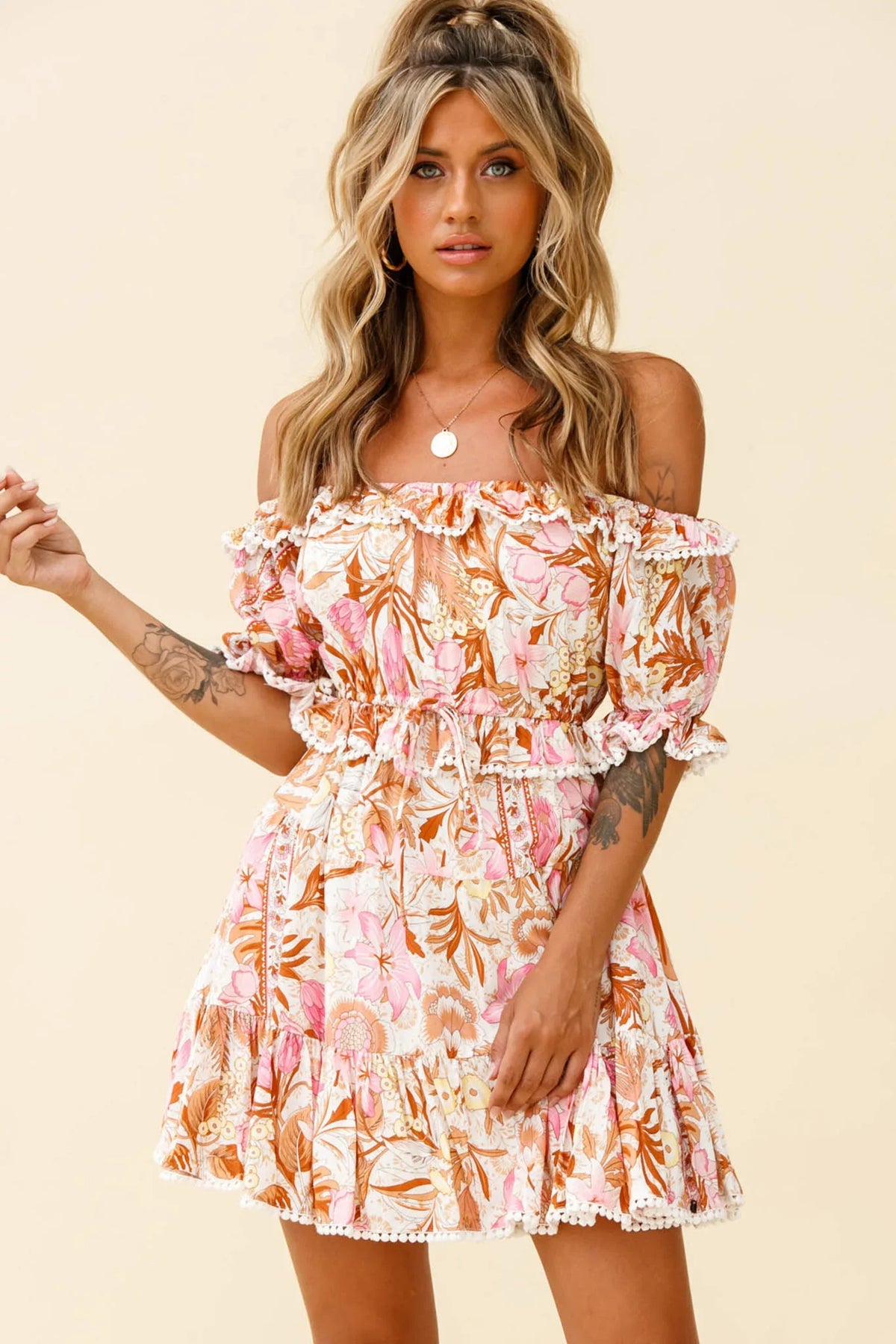 Sierra Bonita Off-Shoulder Drawstring Waist Dress Floral Print Pink Multi