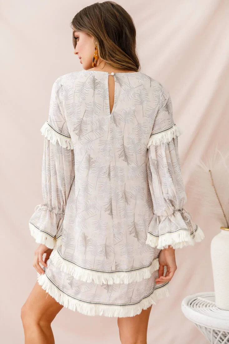 Lily Fringe Trim Swing Dress Beige