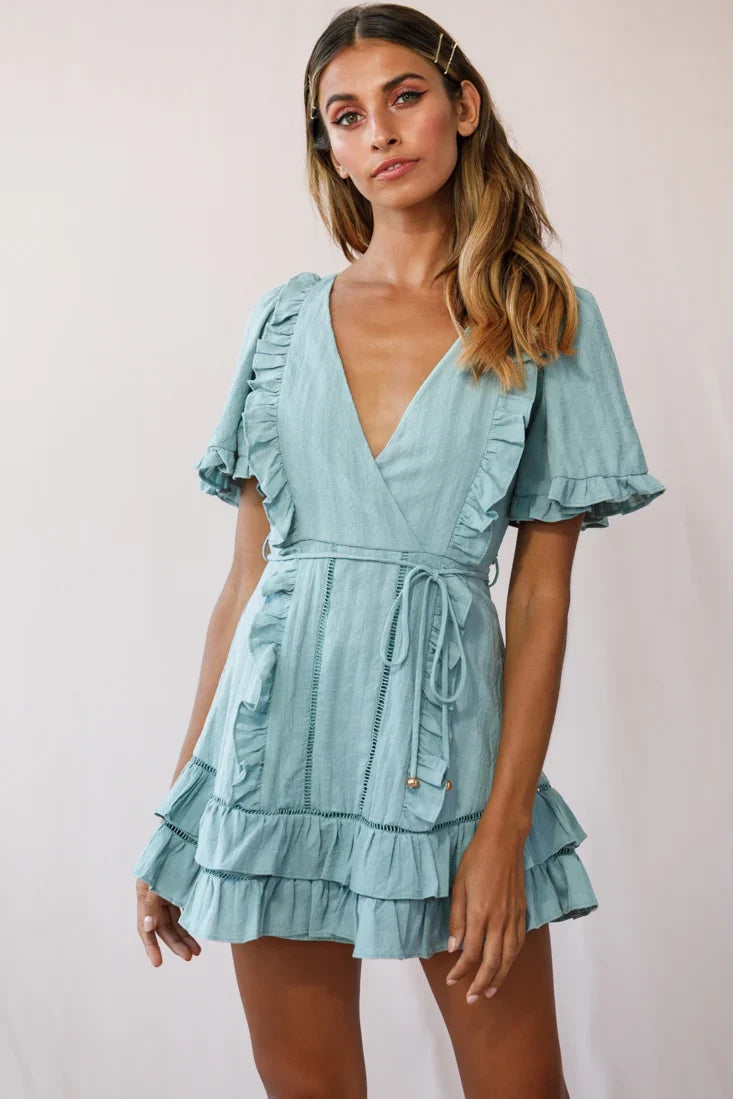 Marybelle Angel Sleeve A-Line Ruffle Dress Sage