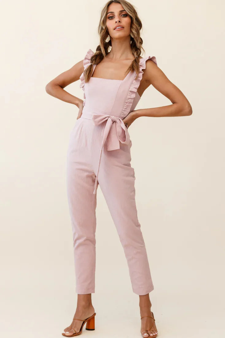 All For Love Square Neckline Ruffle Strap Jumpsuit Blush