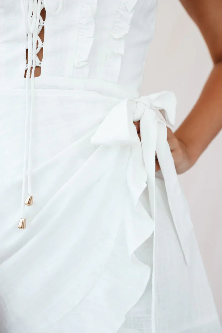 Come Hither Wrap Front Lace-Up Bust Dress White