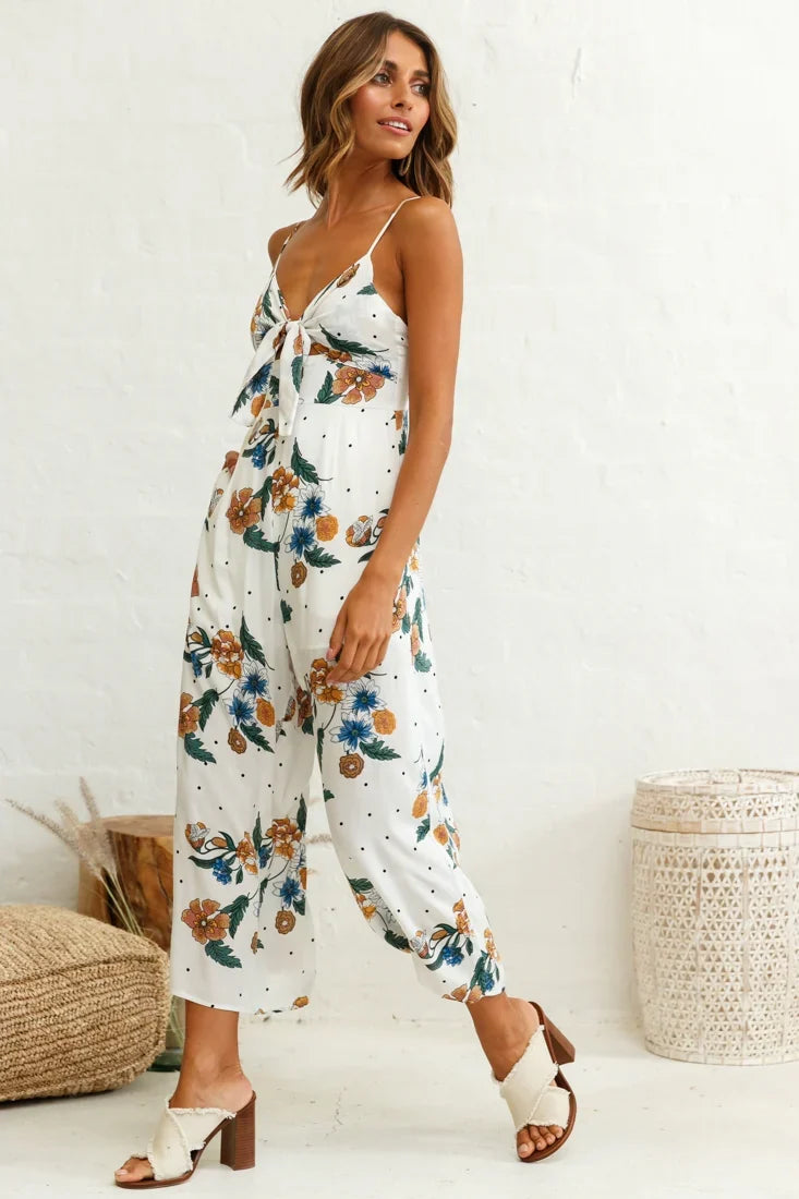 Call Me Wide-Leg Tied Bust Jumpsuit Floral Print White