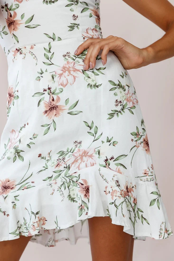 Taj Lace-Up Back Asymmetrical Hem Dress Floral Print White