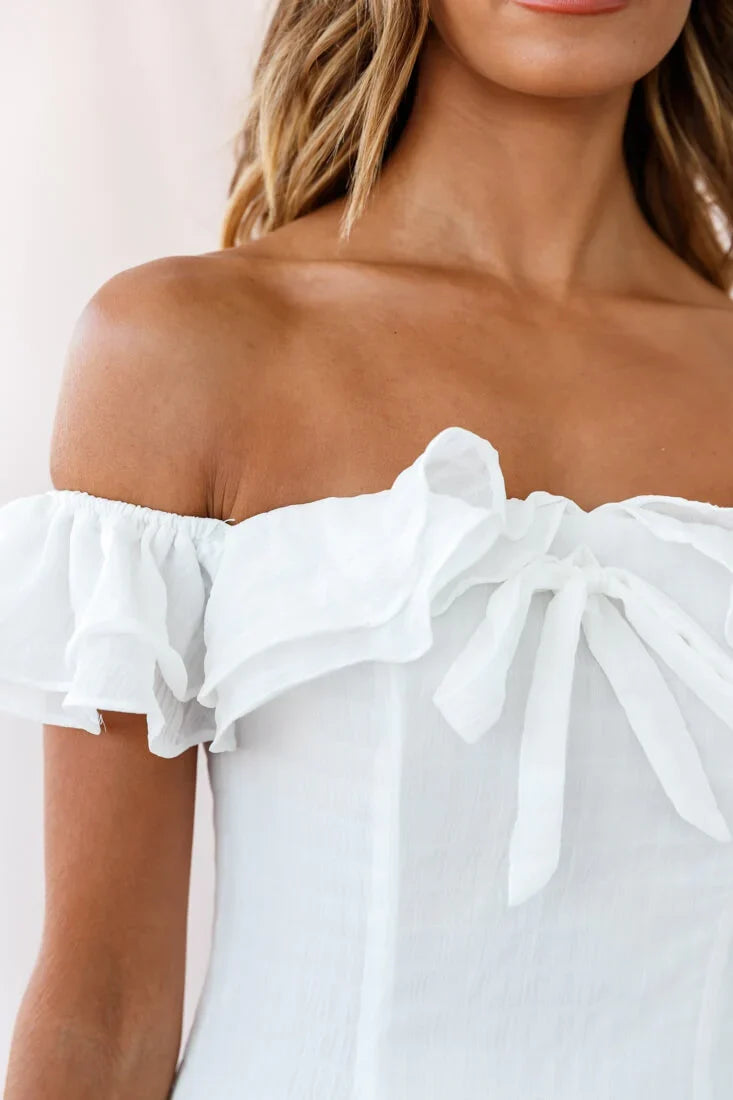 Heaven Bardot Neckline Ruffle Trim Dress White