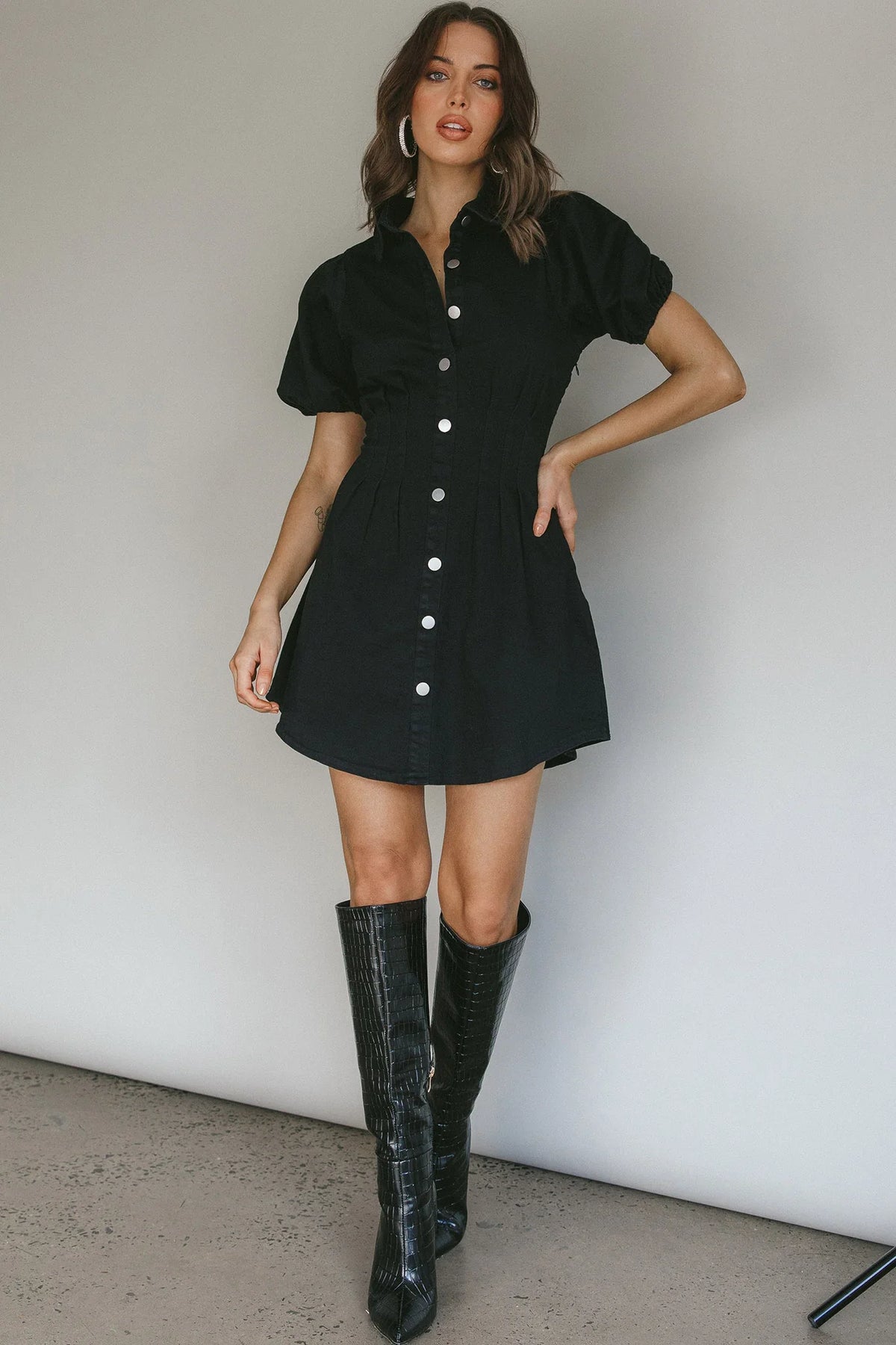 Zurich Pleated Waist Shirt Dress Black