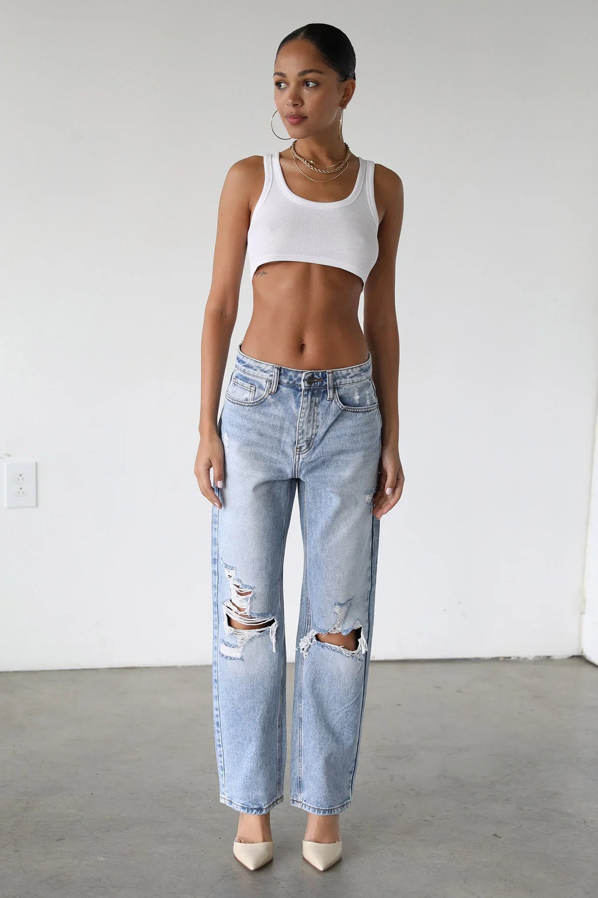 DOGMA High Rise Straight Leg Denim Jeans Distressed Light Wash