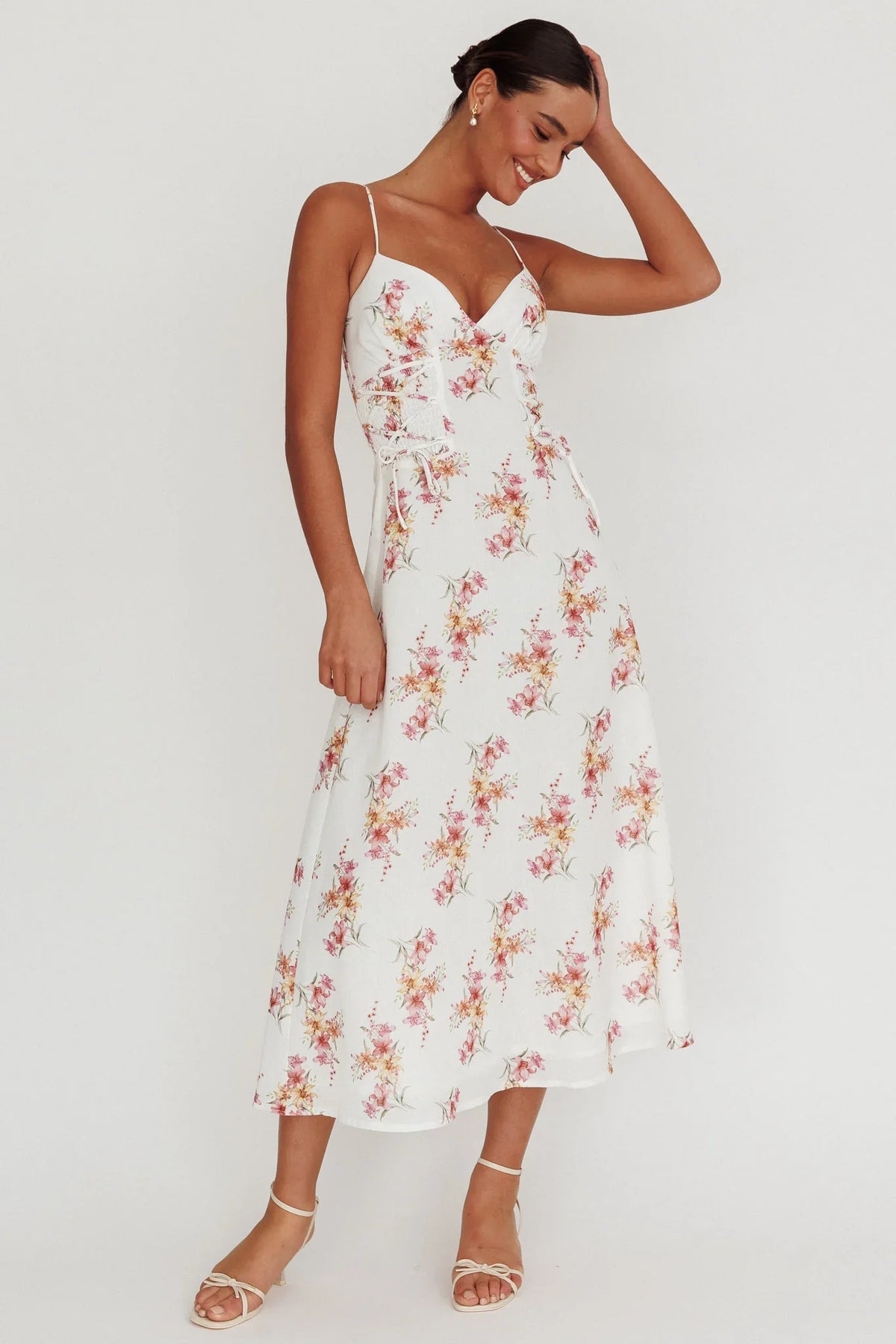 Kalaya Lace-Up Waist Midi Dress Floral