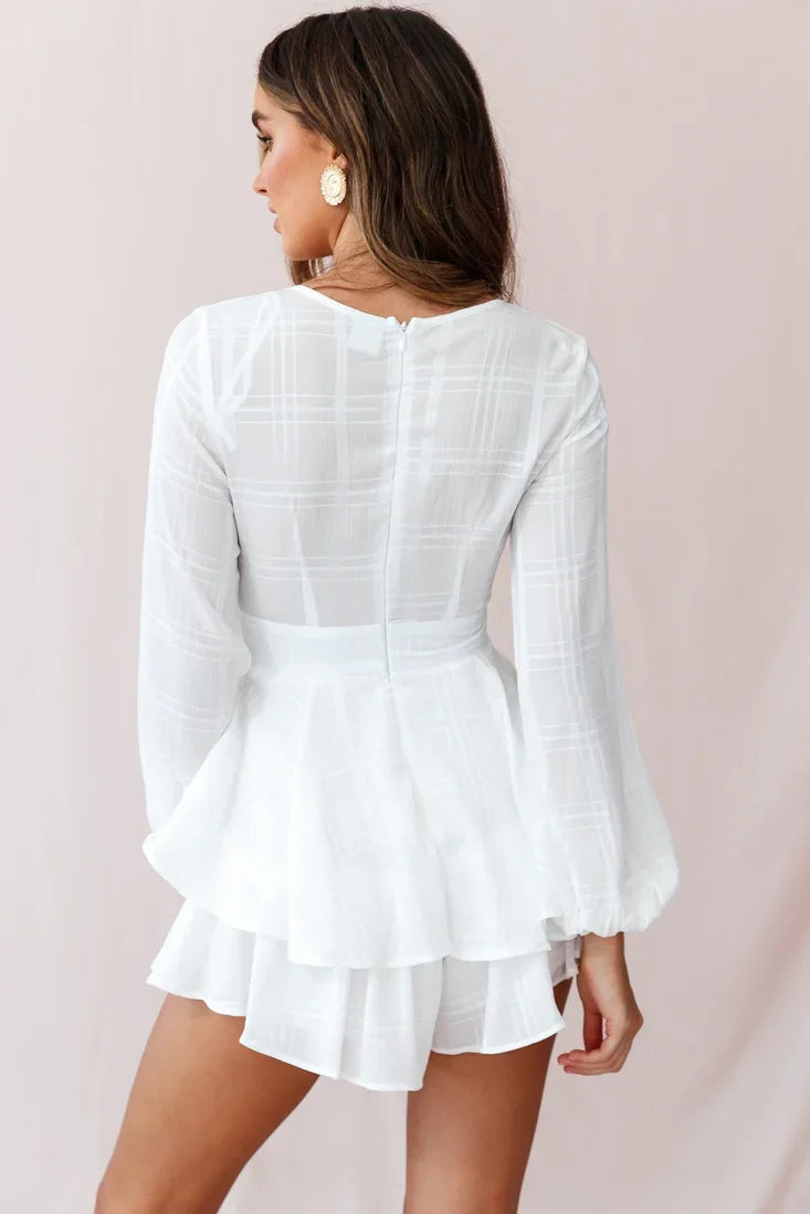 Maddox Fit & Flare Long Sleeve Romper White