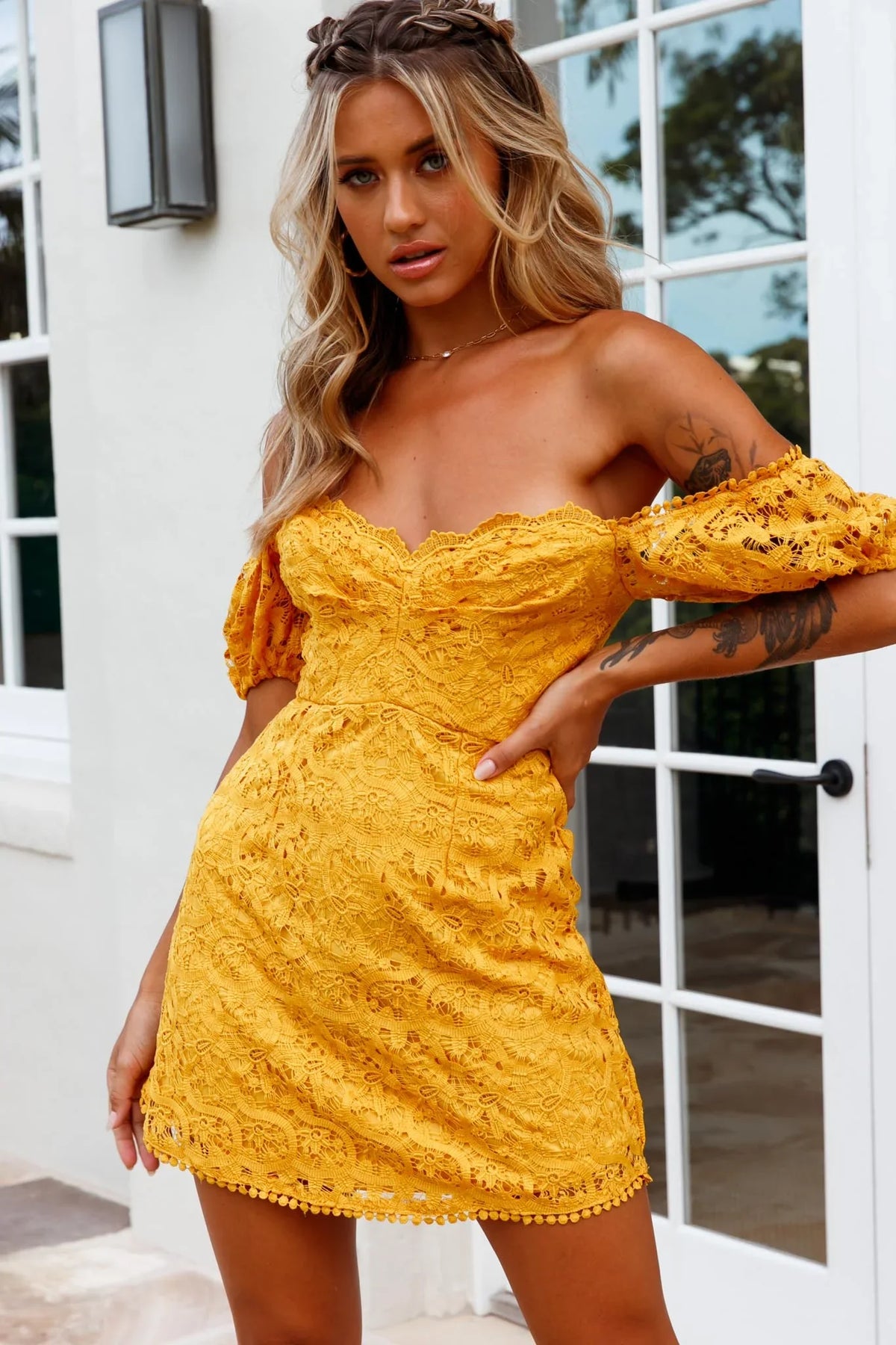 Costa Mesa Puff Sleeve Lace Overlay Dress Yellow